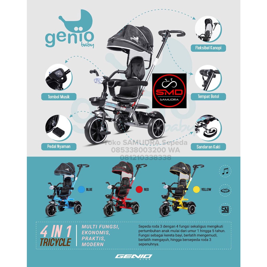 Sepeda Anak Roda 3 Tricycle Merk Genio BC 01 Carriage Musik Murah BDG