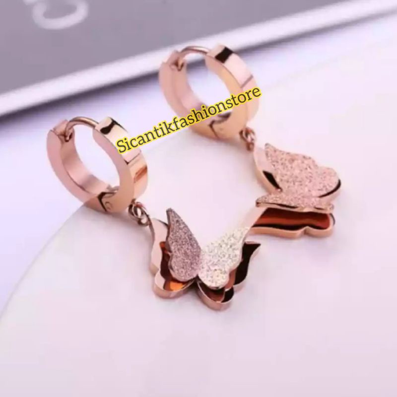 Anting Titanium Tusuk Model Kupu-kupu Rose Gold Fashion Wanita Terlaris Anti Karat Anting Wanita