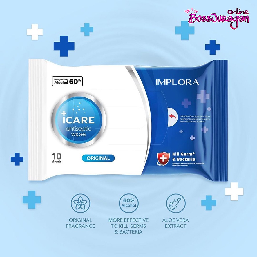 (BOSS) IMPLORA ( Tissue Basah) I CARE ANTI SEPTIC WIPES 50 SCEETS