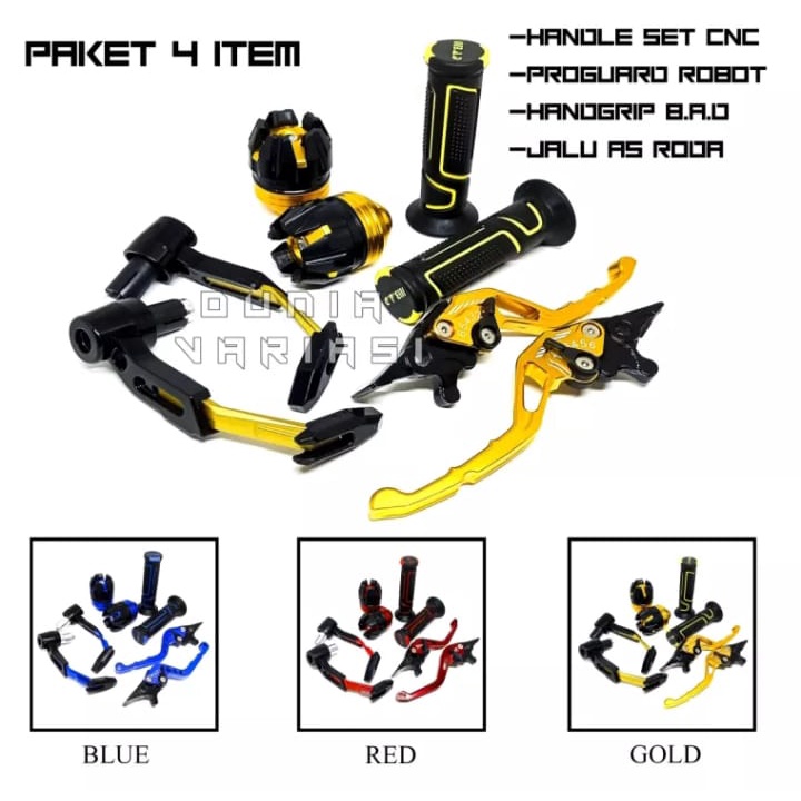 PAKET MURAH 4 ITEM PROGUARD ROBOT+1SET HENDEL FUL CNC+HANDGRIP BAD+JALU AS RODA FOR VIXION,MIO,VARIO,NMAX,FU,TIGER