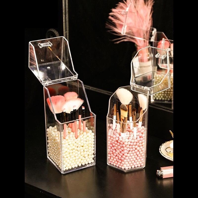 HOVELSHOP Kotak Brush Makeup Acrylic Mutiara Tempat Penyimpanan Kuas Kosmetik Cantik