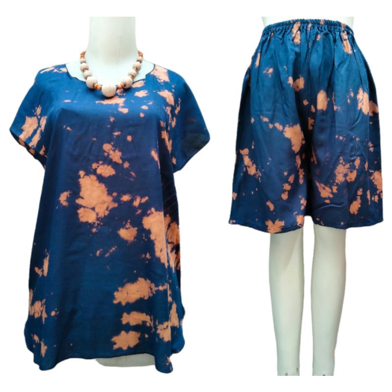 ONE SET TIE DYE SETELAN WANITA CELANA PENDEK RAYON XL BABYDOLL BALI KEKINIAN TIEDYE MOTIF KOPI-B