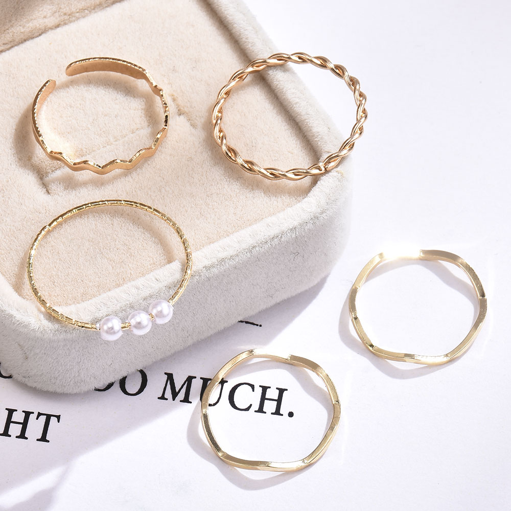 5pcs / Set Cincin Multilayer Hias Mutiara Gaya Korea Untuk Wanita