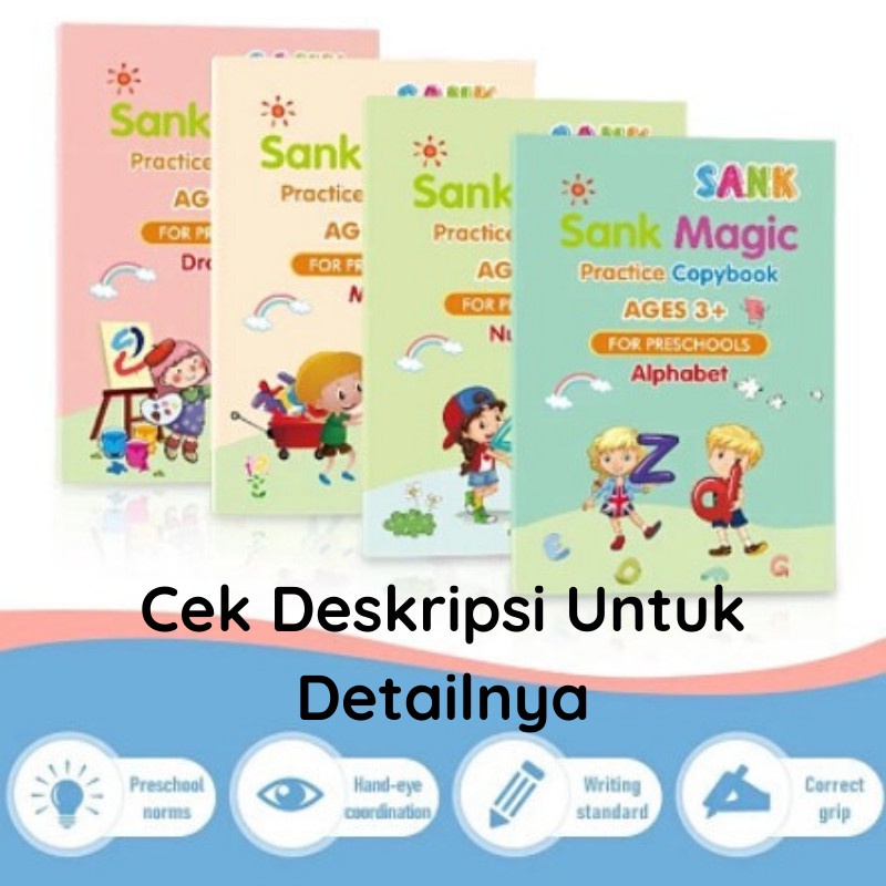 BUKU BELAJAR MENULIS ANAK SANK MAGIC SATU SET ISI 4 BUKU + PULPEN PRACTICE BOOK WHITE_CELL