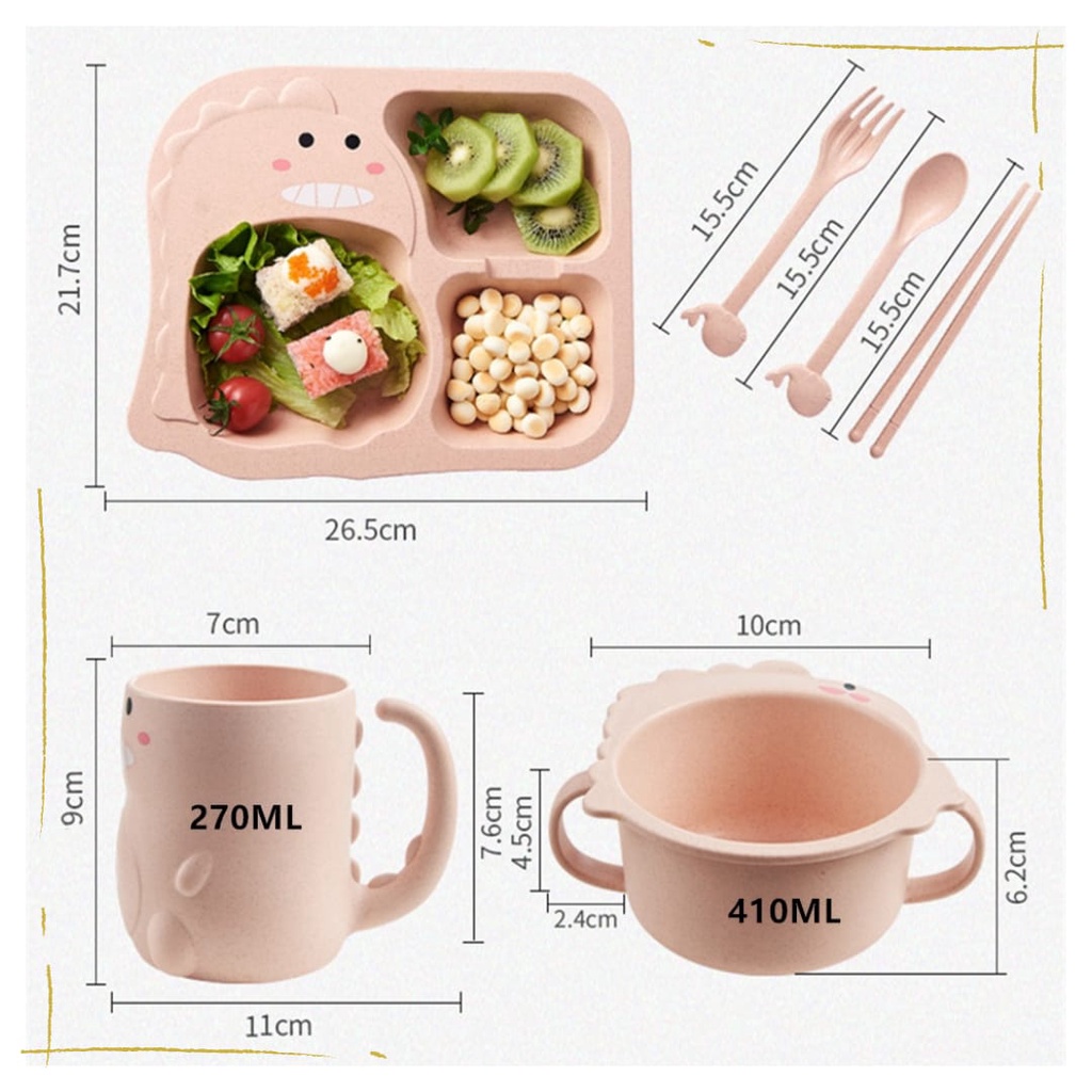 Lakuku - Feeding set 6 in 1 Dino Sheep wheat straw Peralatan Makan Anak Piring Gelas Mangkuk jerami gandum