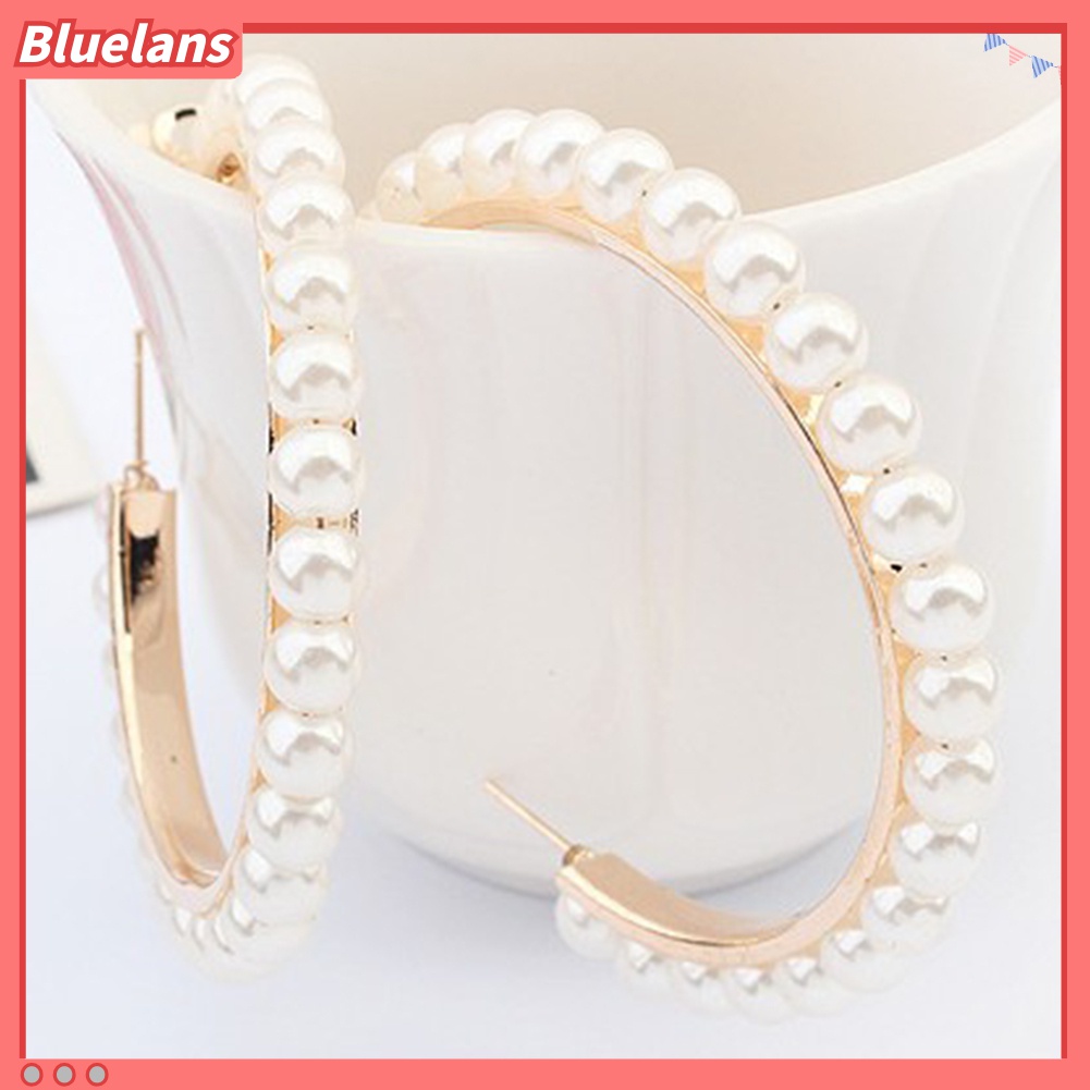 Anting Hoop Bentuk Lingkaran Besar Aksen Mutiara Tiruan Untuk Wanita
