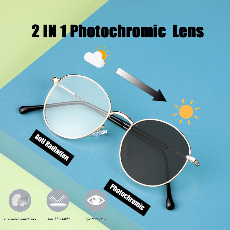 Photochromic Anti Radiation Eyeglasses For Women Men Round Metal Frame Computer Eeyglasses  UV400