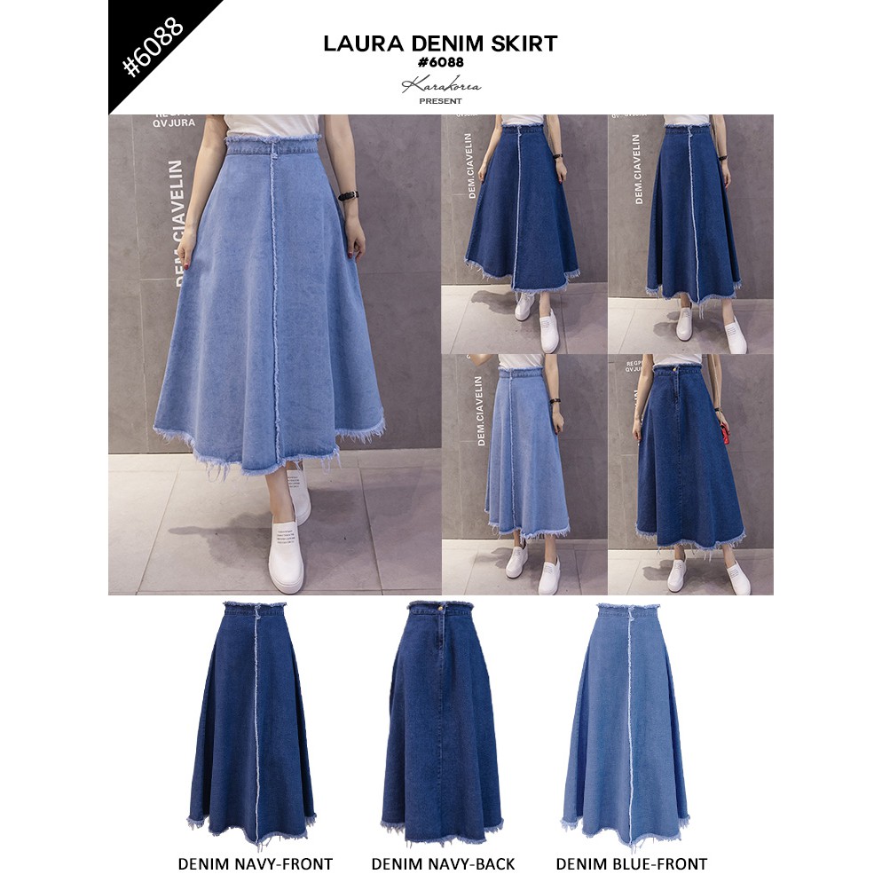 KARAKOREA 6088 Laura Denim skirt Rok panjang Wanita Rok maxi Rok jeans Rok flare Rok denim/Rok jeans wanita/Rok Jeans Korea/Rok wanita