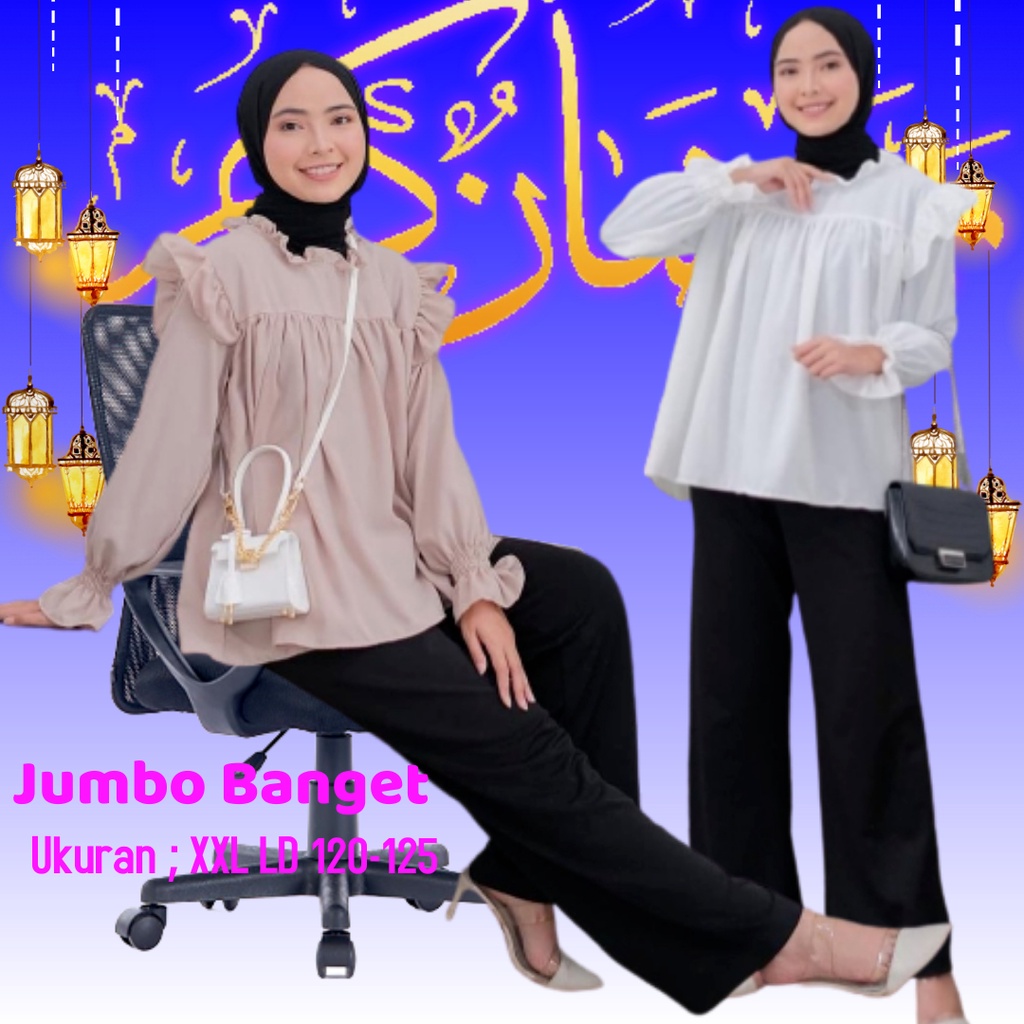 Atasan Jumbo Wanita Blouse Wanita Jumbo Ld 120 XXL Blouse Oversize Atasan Big Size XXL Ld 120 Wolfis Polos Wanita Blus SALMA Tartan Lengan Ruflle Remaja