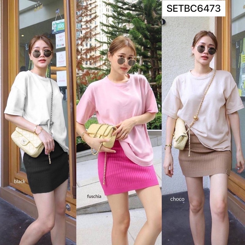 Michelle Simple Loose Top & Skirt Knit Set - SETBC6473 - Setelan Atasan Blouse Rok Mini Casual Impor
