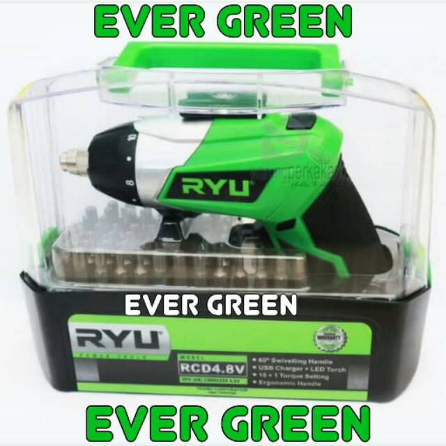 Bor Charger Cordless Screw Driver RYU 55 pcs Bor Cas RCD 4.8 V Tool Box Mata Kunci Obeng L Bintang