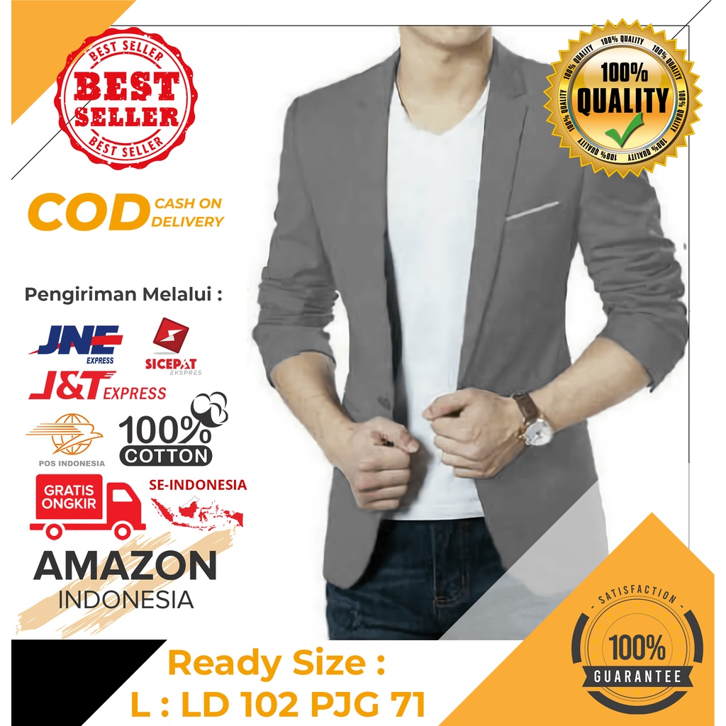 BLAZER CASUAL PRIA SEMI JAS FORMAL PAKAIAN KERJA GREY ABU POLOS SLIM FIT KAIN KATUN PREMIUM BEST QUALITY