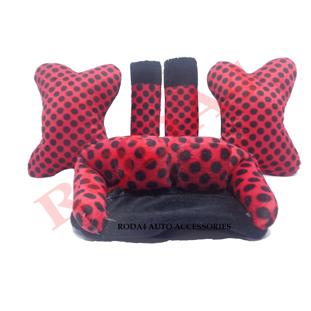 Bantal Mobil 3 In 1 Motif Bintik Polkadot Merah Kombinasi Hitam