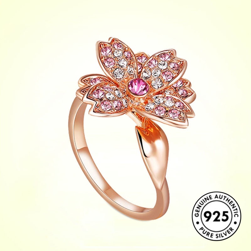 Cincin Sterling Silver 925 Desain Bunga Mawar Hias Berlian Imitasi Simple Elegan Untuk Wanita