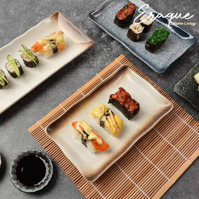 Mori Japanese Sushi Plate / Piring Saji Makan Sushi Dimsum Keramik Panjang Petak Rustic Jepang / Sus