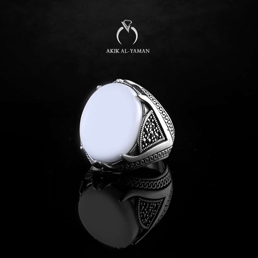 Cincin Batu akik Yaman Abyad dengan Ring Perak Original Yemen