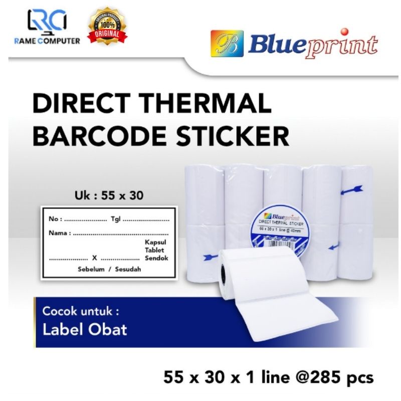 10 roll Dts 55x30x1 line Direct Thermal Sticker / Label Stiker BLUEPRINT 55x30 mm 1 Line cocok untuk label obat