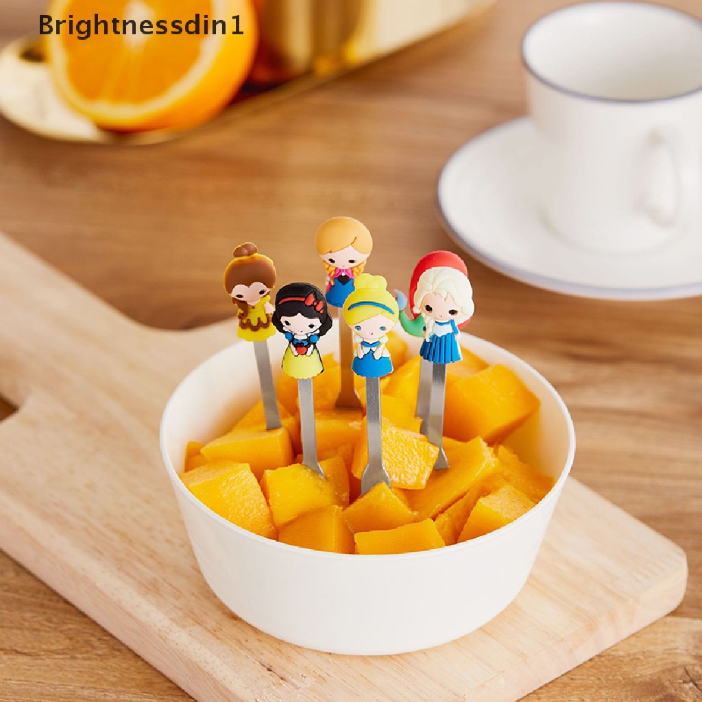 6 Pcs / set Garpu Buah Dessert Bahan Stainless Steel Desain Kartun Princess Dengan Holder