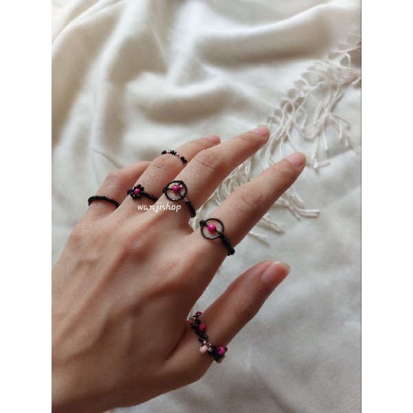 cincin manik Korea | hitam dan pink edition | Cincin beads | aksesoris cin cin ring simple mini cute aesthetic