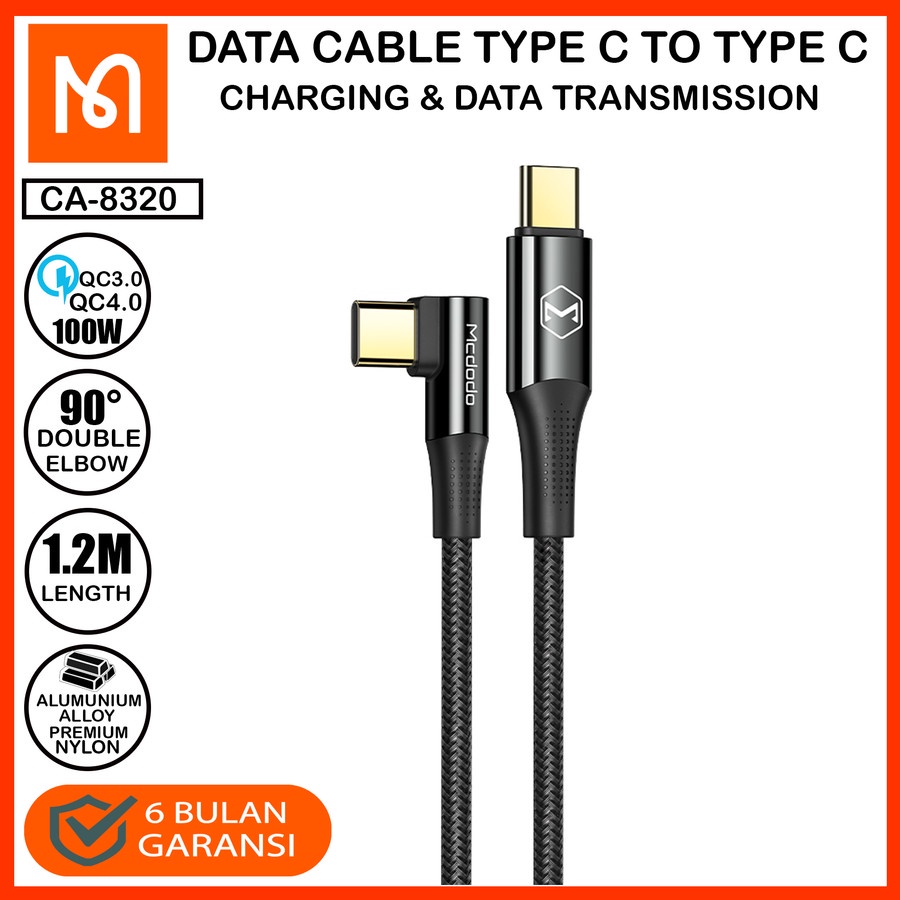 MCDODO CA-832 Cable Charger Gaming 90 Degree PD Type C To Type C Fast 100W Kabel Charging Gamer Type C to Type C Fast Charging