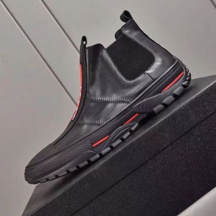 sepatu pria sneaker boots pr4da hitam mirror quality kulit asli shoes cowok leather