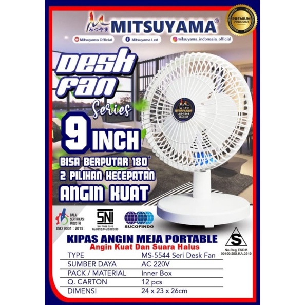 Kipas Angin Meja Mistuyama MS-5544 Seri Desk Fan / Kipas Angin Portable 9 inci AC 220V / Kipas Portable 9&quot; / Kipas Angin Meja Portable Angin Kuat dan Kencang / Kipas Portable Mitsuyama BISA COD