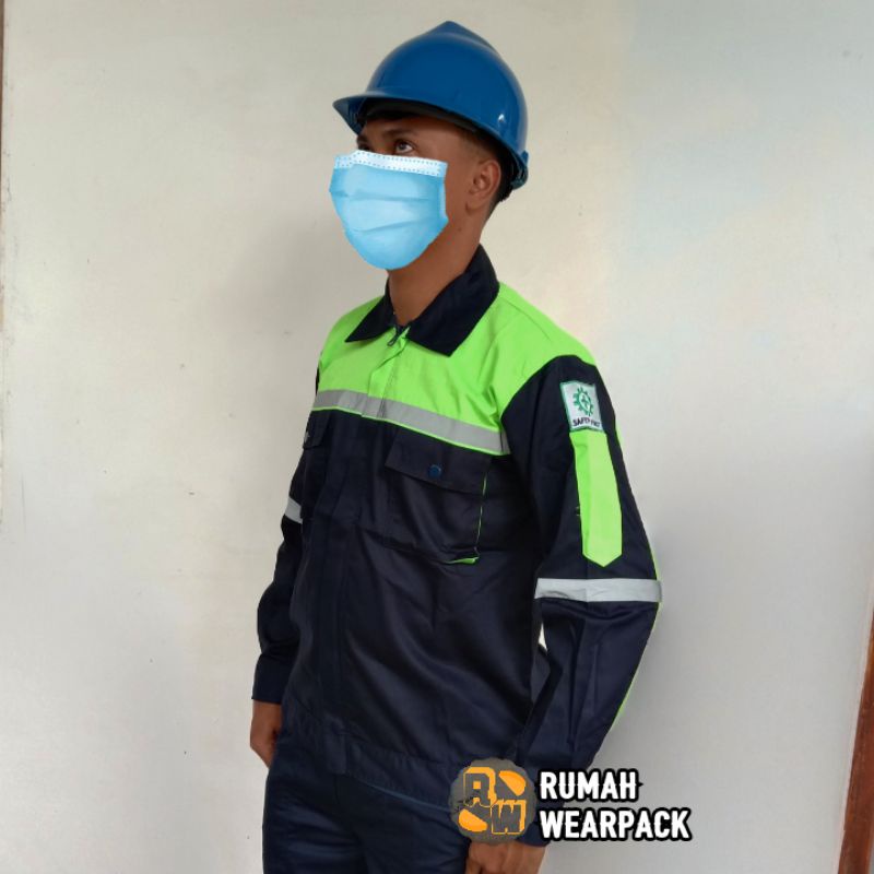 Baju Kerja/ Wearpack Proyek/ Seragam Kerja Atasan Warna Navy Kombinasi Hijau Pupus