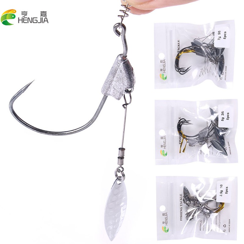 Hengjia New 5pcs/Pack Fishing Hook With leader Spoon Connector Ring Fishing Lure Kail Pancing Jig Head 3.5g 5g 7g Dengan Pin Pegas