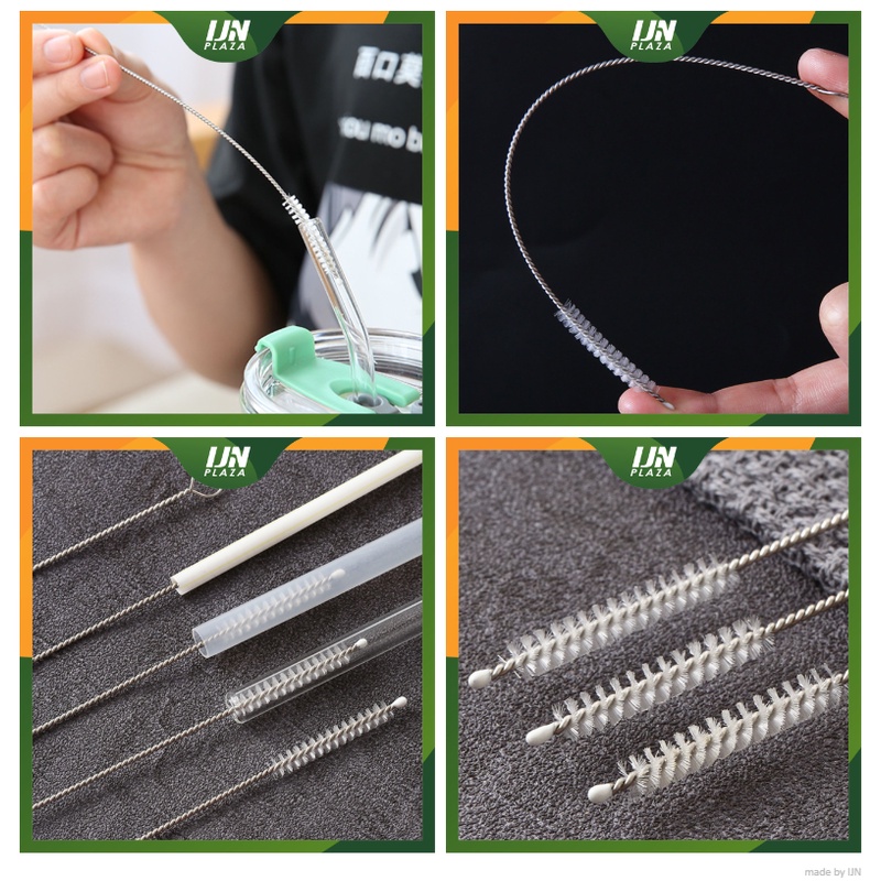 ❤ IJN ❤ Sikat Sedotan Stainless Steel Brush Straw Kawat Bengkok Lurus Panjang Alat Pembersih Gelas Bulu Halus