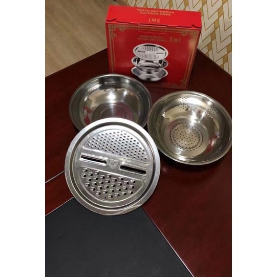 (COD)Baskom Dapur 3 in 1 (Baskom + Saringan + Parutan) Stainless Steel Material // Basin Tiga Tingkat // Baskom Serbaguna