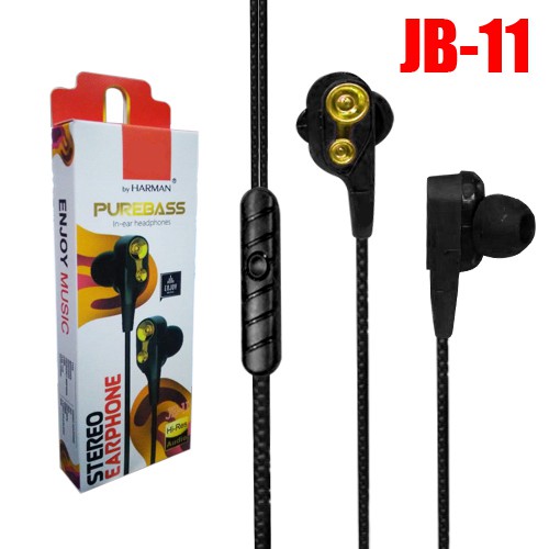 Hansdsfree Stereo JB-11 Headset Purebass Earphone With Mic-Hitam