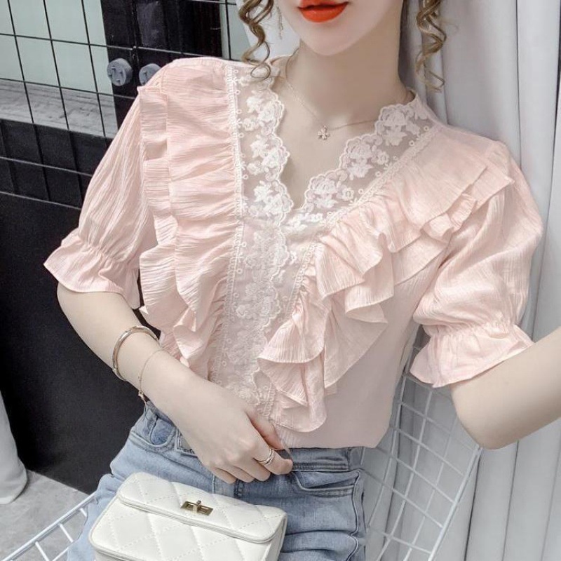 #Sisjuly# Wanita Renda Jahitan V-Neck Shirt Musim Panas Baru Manis Ruffle Lengan Pendek Kemeja Top