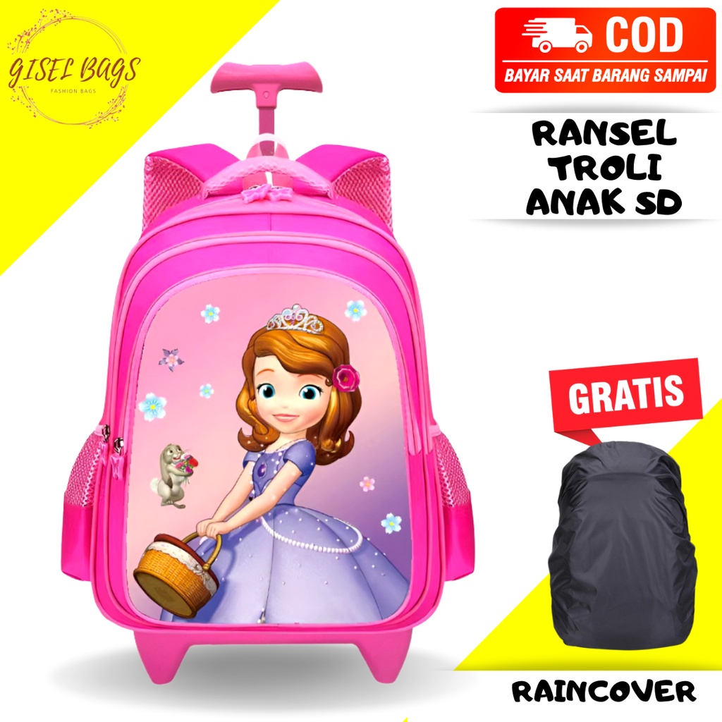 GB Tas ransel troli anak perempuan SD gambar timbul GRATIS raincover tas troli anak import