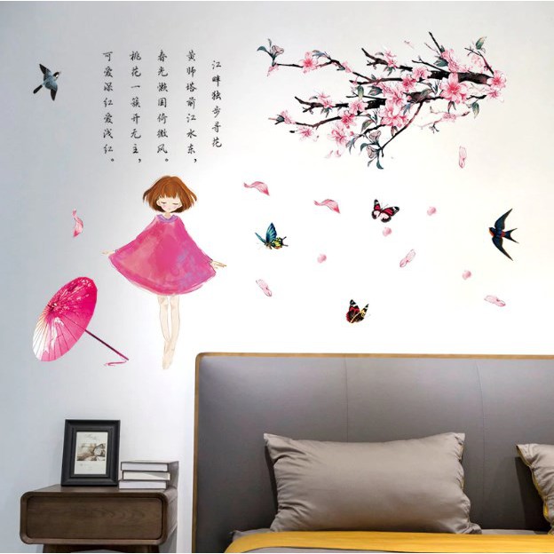 Sticker Dinding Wallsticker Uk 50x70 Sketsa Gadis Bunga Sakura Sk7157