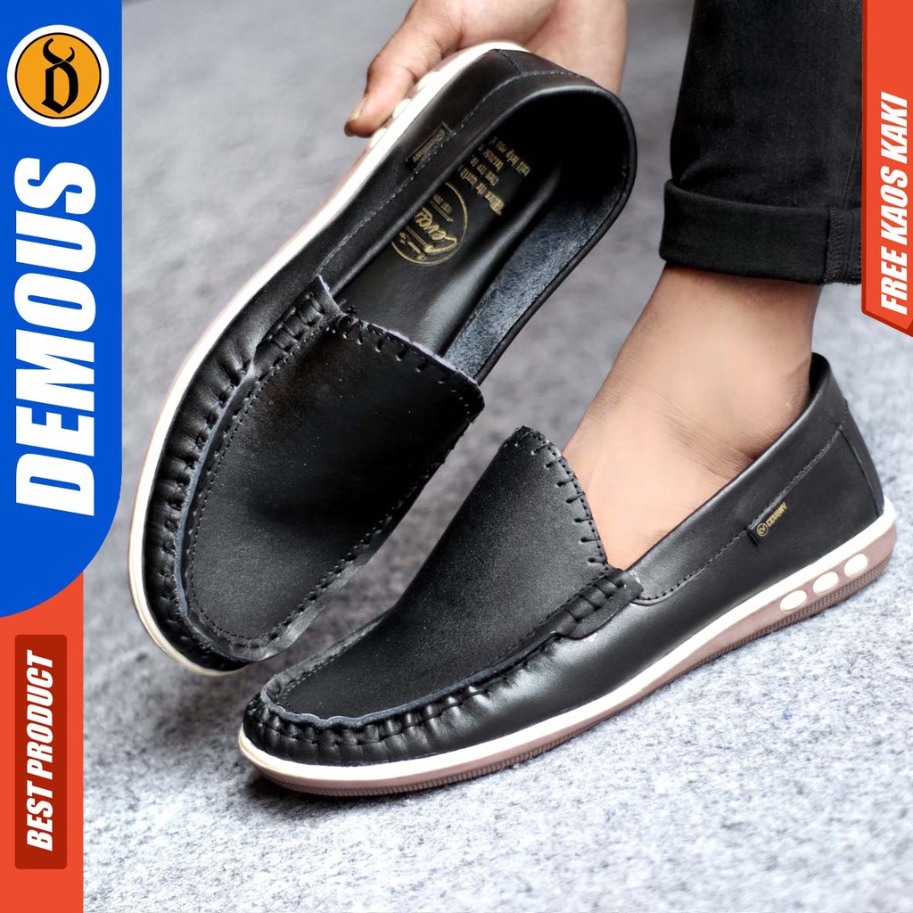 DEMOUS MYTH Sepatu Casual Slip On Pria Kulit Asli Kerja Santai Slop Murah Kekinian Hitam