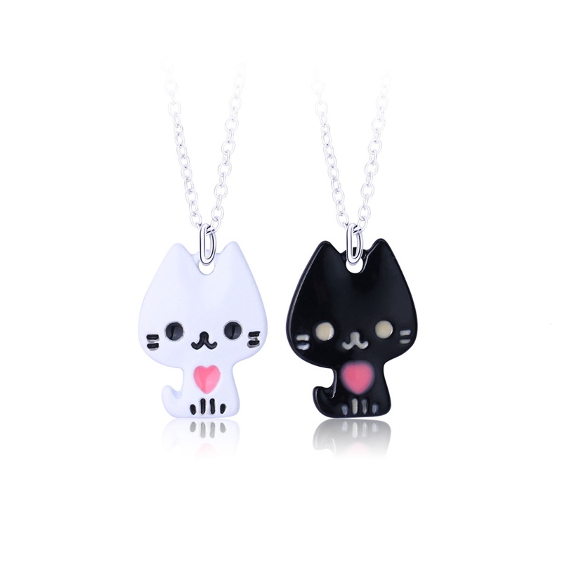 2pcs / Set Kalung Choker Liontin Kucing Enamel Hias Mutiara Untuk Wanita