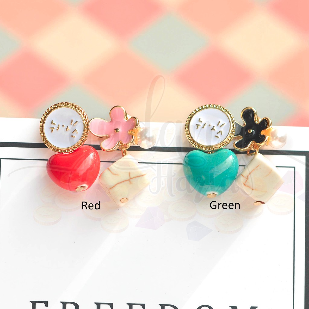 Anting Stud Asimetris Colorful Heart Flower Lucu Unik GH 203293