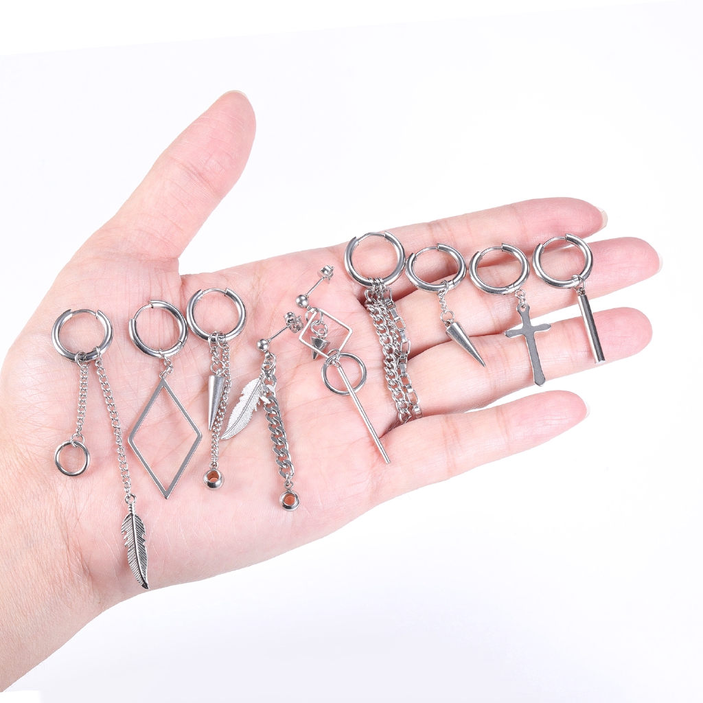 12 Pcs / Set Anting Stud Rumbai Panjang Bentuk Lingkaran Geometris Bahan Stainless Steel Gaya Korea