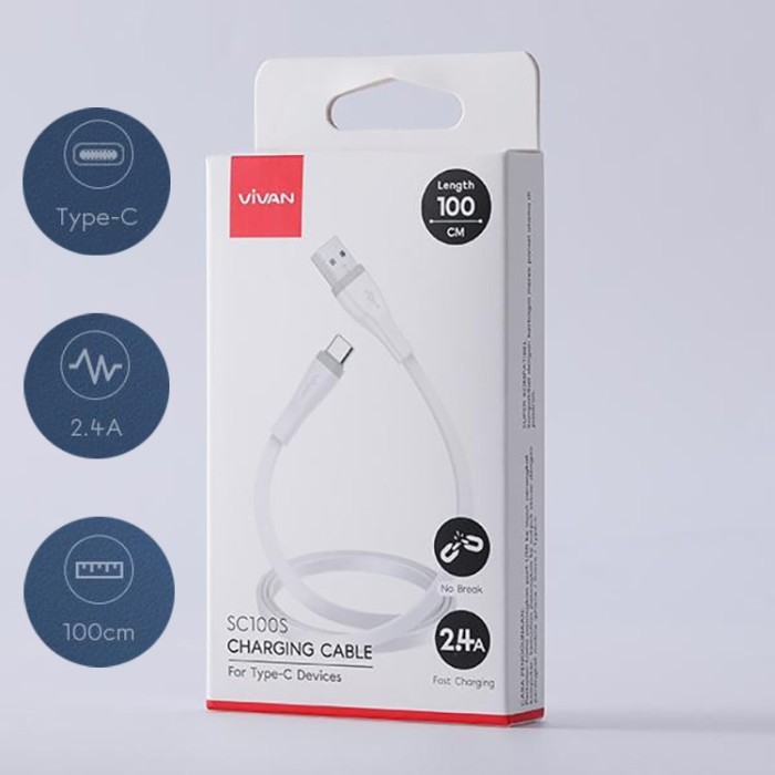 Kabel Data Charger USB Type-C VIVAN SC100S 2.4A 1M - Putih