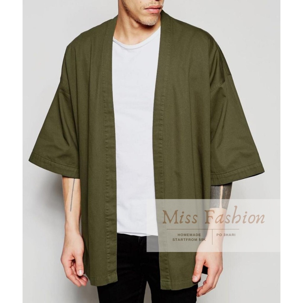 KIMONO JEPANG | KIMONO PRIA | JAKET KARDIGAN PRIA HIJAU ARMY GRATIS MASKER
