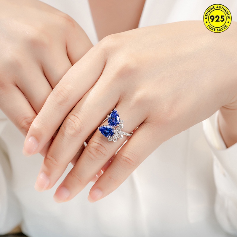 Cincin Berlian Sapphire Biru Ganda Bentuk Pir Model Terbuka Untuk Wanita