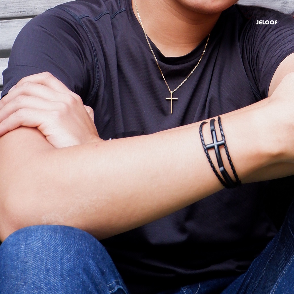 Jeloof Gelang Salib TIMOTHY Black (Leather Strap) 1 Set Bracelet / Gelang - Gelang Pria