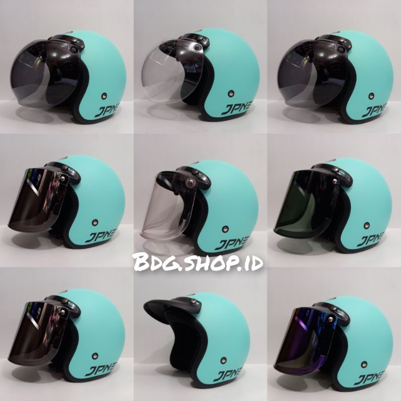 helm JPN hijau pastel doff kaca datar cembung