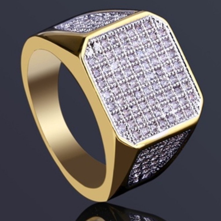 Fashion Gold Cluster Iced Out Lab Simulated Diamond Band Micropave Bling Ring