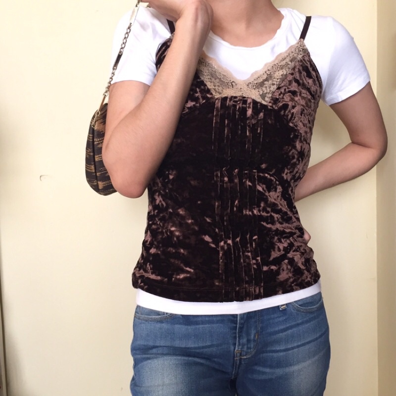 Mango MNG velvet brown top (cosette) baju atasan wanita, baju haram bludru wanita coklat, tank top w