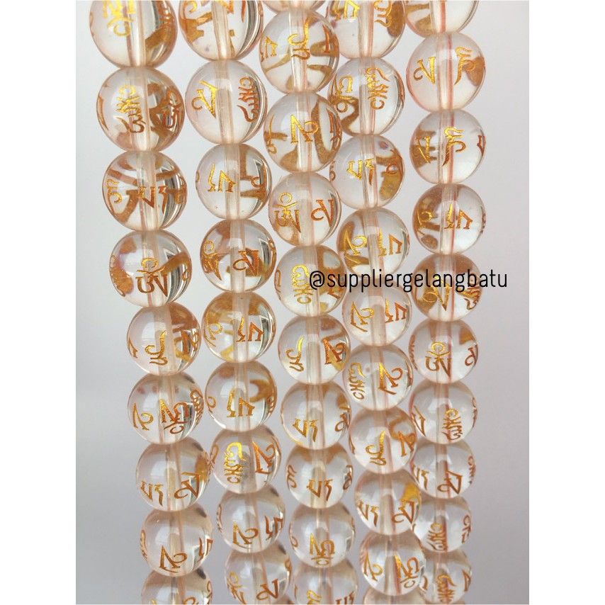 Bongkah Tibet Hoki Putih Clear Quartz 12mm Kuarsa Om Mani Padme Hum Perhiasan Aksesoris Kristal Akik