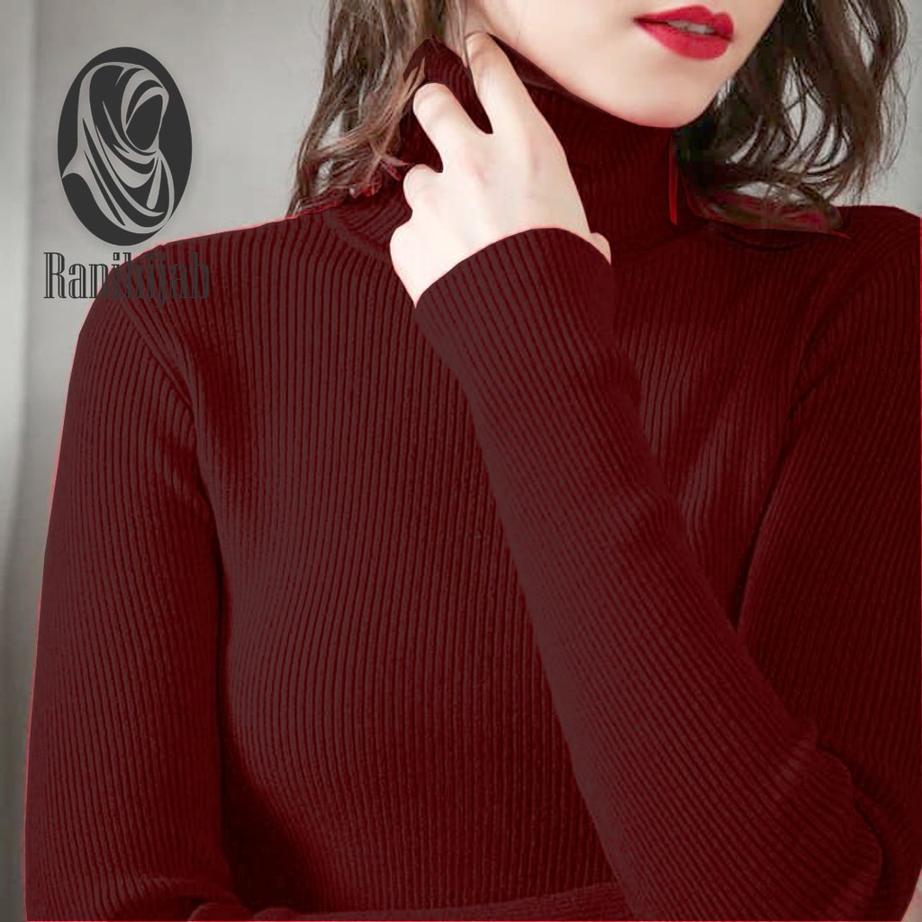 Sweater rajut wanita korea style RH - atasan rajut wanita - baju rajut wanita lengan panjang kerah tinggi motif salur turtleneck