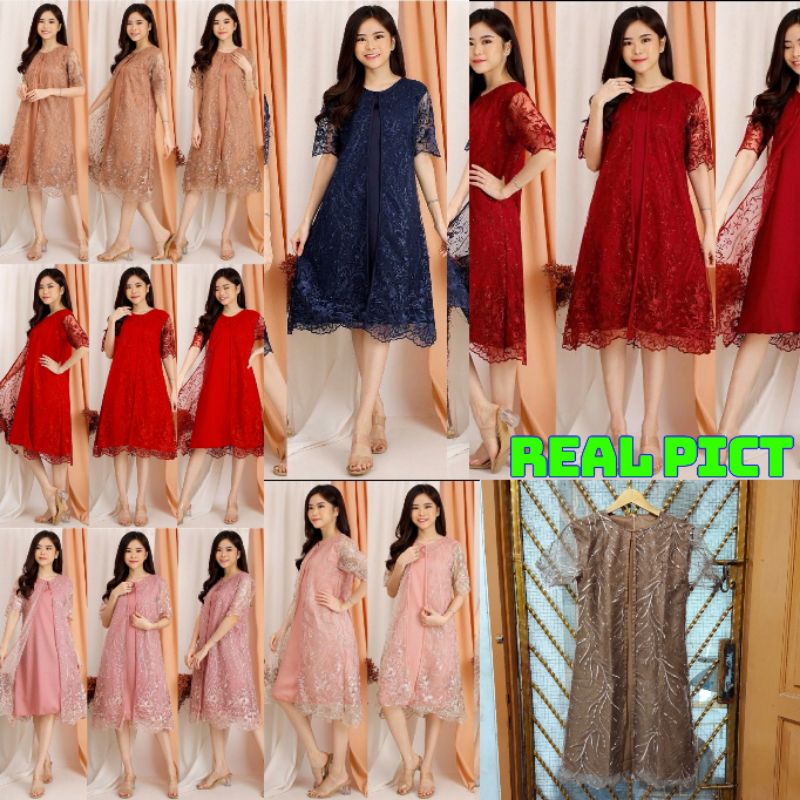 JVIN COLLECTION - MIDI DRESS MEIWA BRUKAT TILE BORDIR MUTIARA DRESS BRUKAT CAPE DRESS KONDANGAN SD