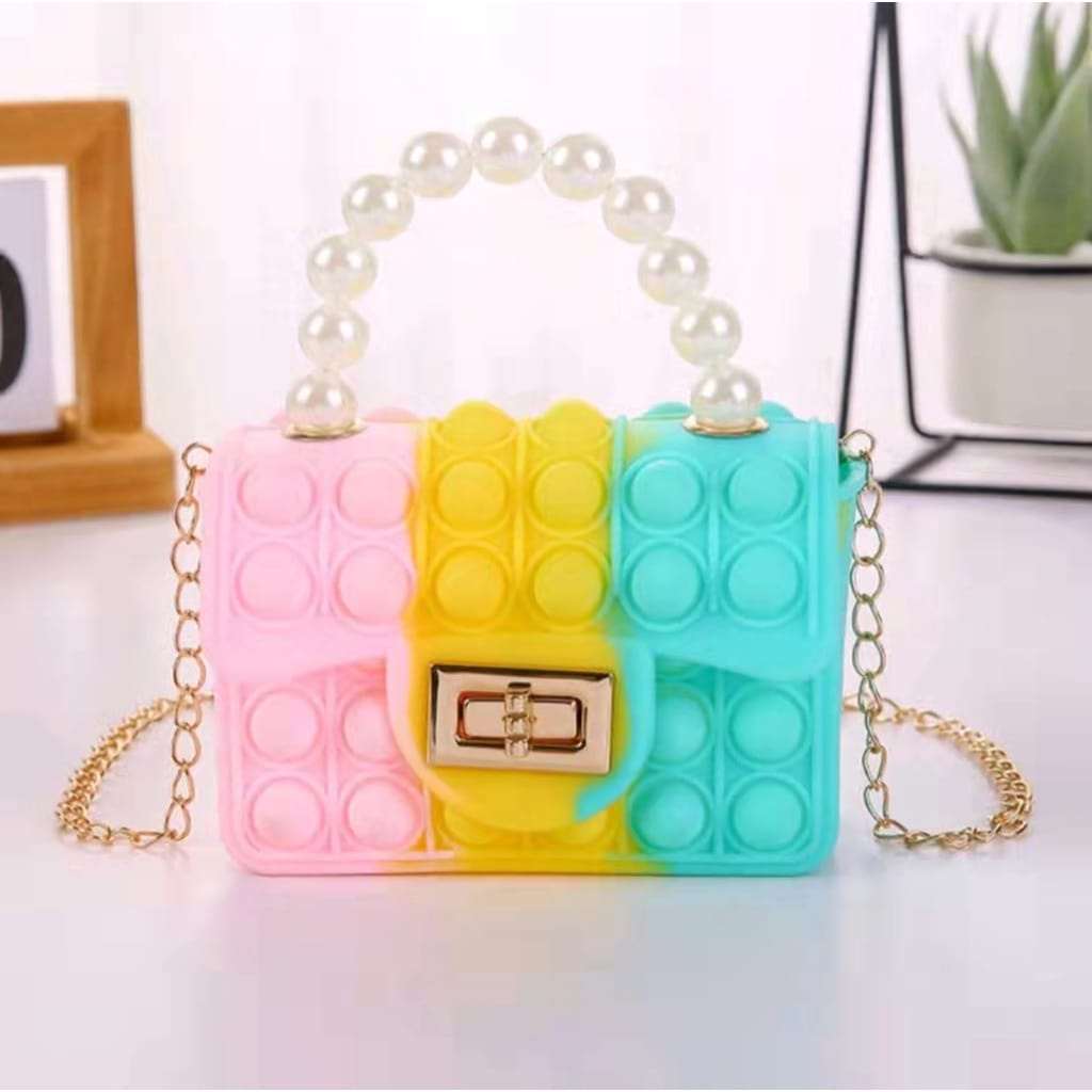 terbaru termurah Tas Pop It jelly mutiara Anak Rainbow / Tas Selempang rantai hand bags Anak import