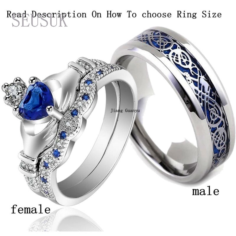 SEUSUK Couple Rings Blue Dragon Pattern Band Claddagh White Gold Filled Sapphire Wedding Ring